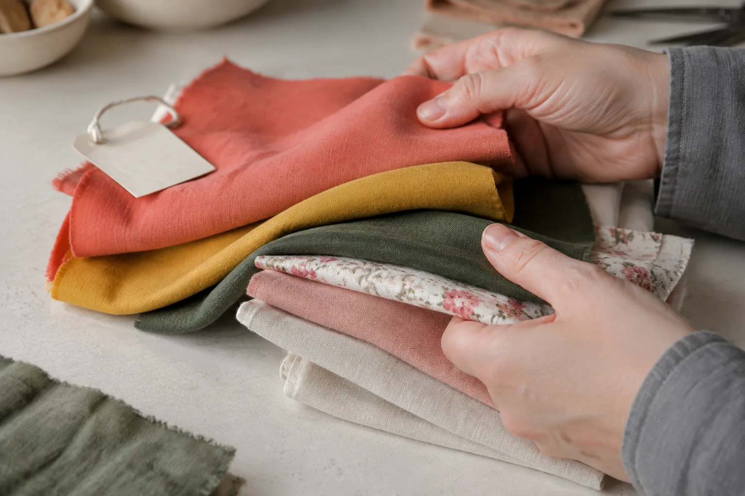 Hands comparing coral, mustard, green and cream cotton and linen swatches