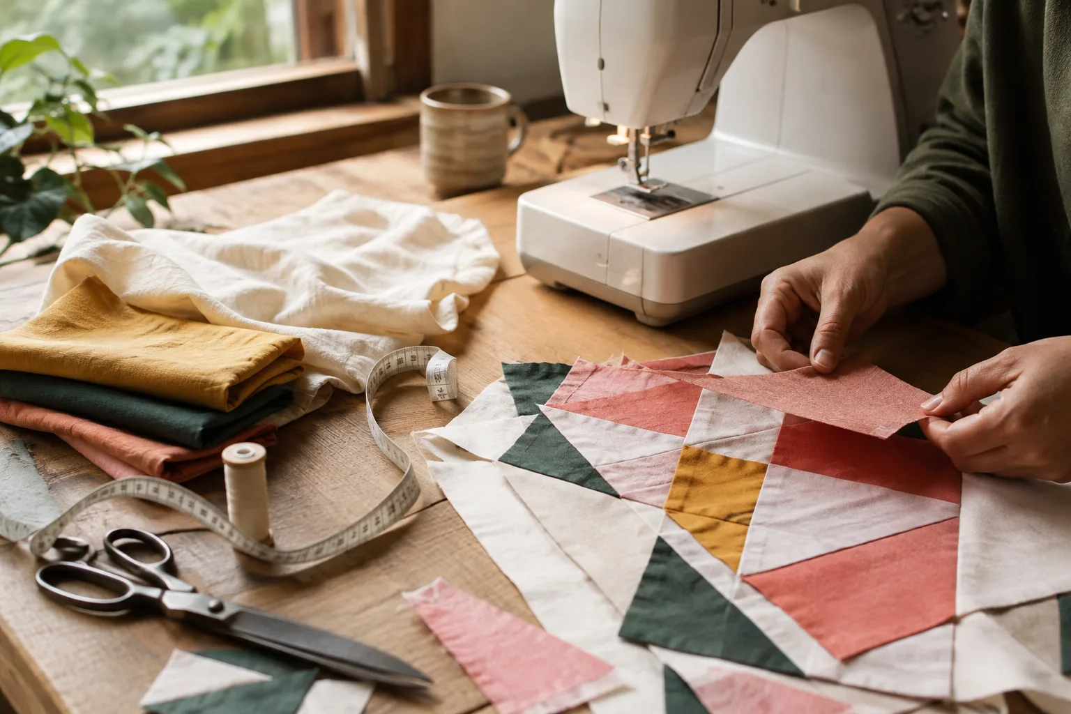 Hands arranging colourful patchwork beside a sewing machine on a warm timber table
