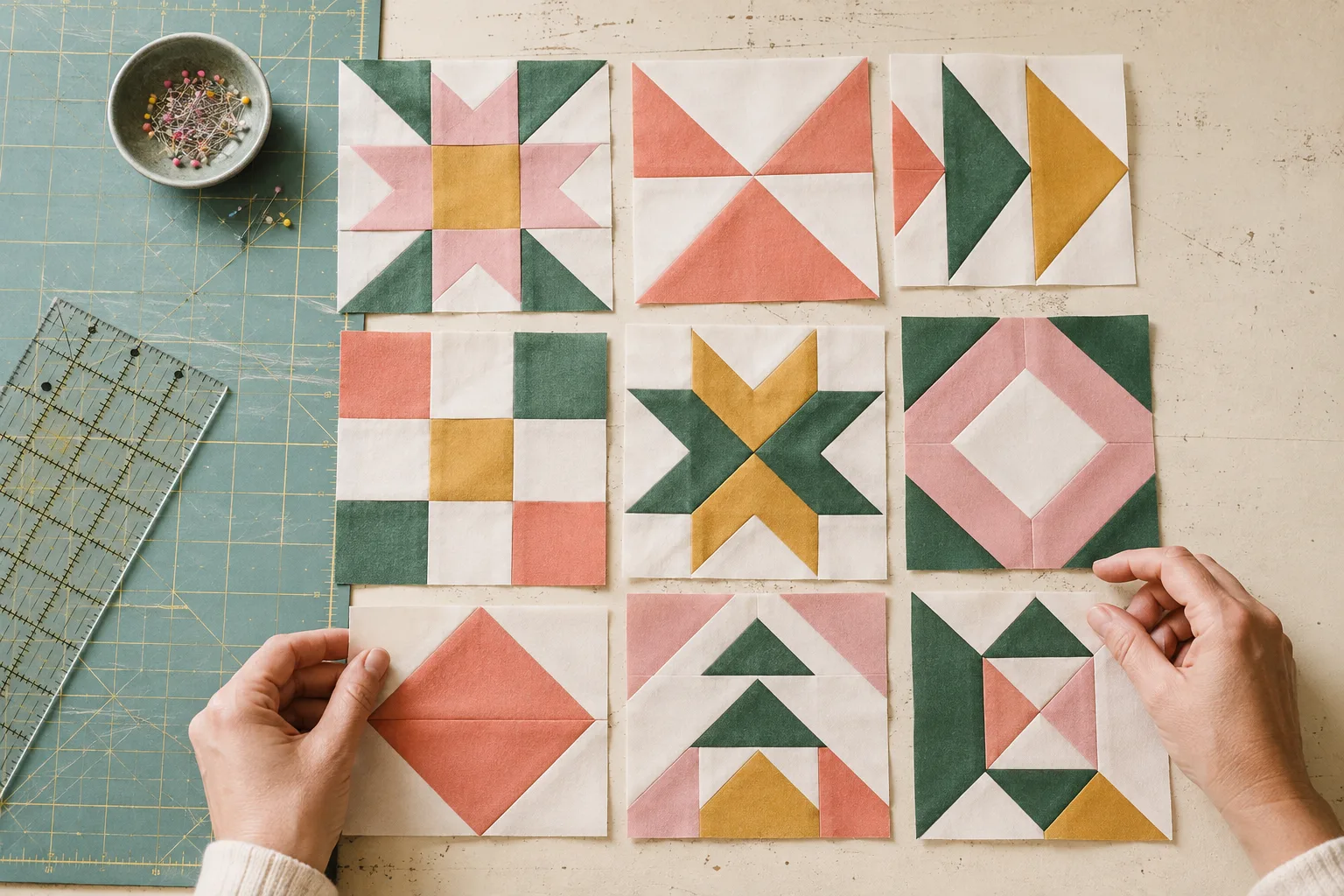 Hands arranging a collection of colourful geometric patchwork blocks