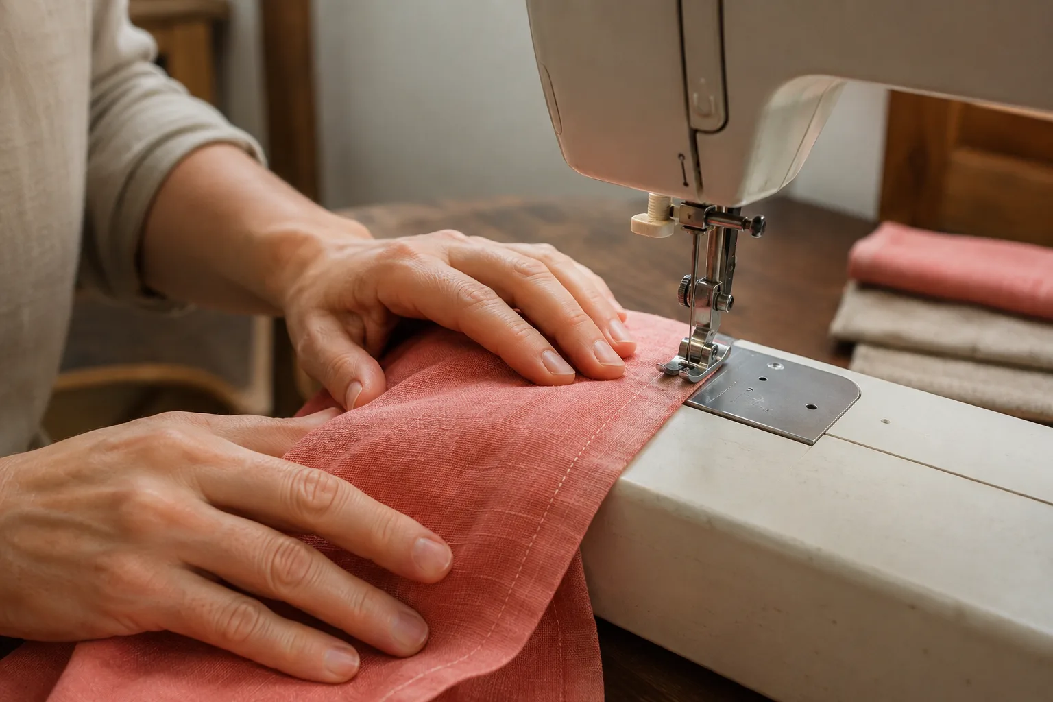 Hands safely guiding coral linen beneath the presser foot of a sewing machine