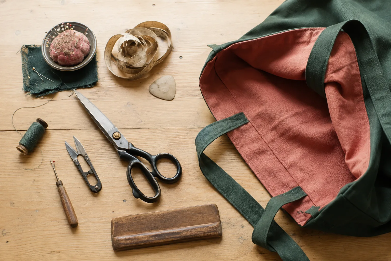 A personal sewing kit beside a partly finished lined tote
